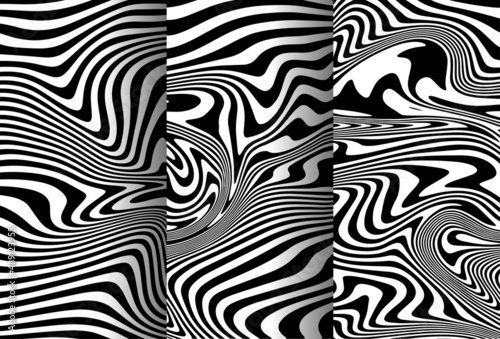 a set abstract rippled or black lines pattern with wavy vibrant facture on white background and texture. Liquify lines 3D effect.