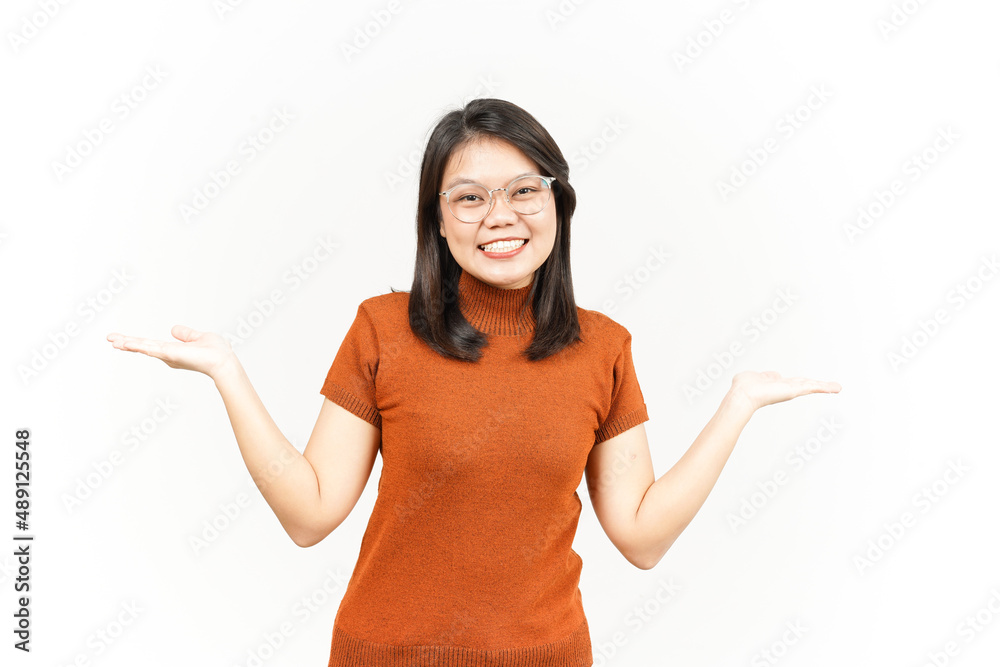 Presenting and Showing Two Product on Open Palm Of Beautiful Asian Woman Isolated On White Background Presenting and Showing Two Product on Open Palm Of Beautiful Asian Woman Isolated On White Background