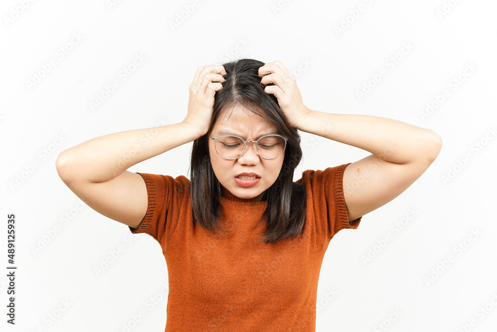 Suffering Headache Of Beautiful Asian Woman Isolated On White Background