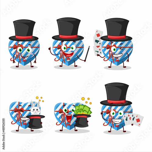 A blue love gift box Magician cartoon character perform on a stage