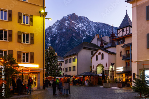 Billede på lærred Evening landscape of Christmas city streets in Brig, Switzerland