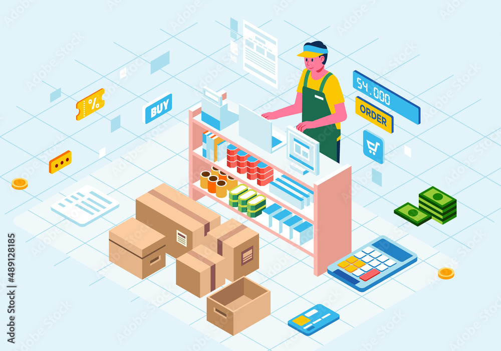 logistic online store isometric illustration, man character as cashier behind counter desk, boxes and transaction icon