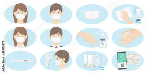 Set of Covid-19 and infectious prevention icons. Vector illustration of surgical face mask, wash hands disinfection, sanitizer, thermometer, ventilation and vaccination health passport.
