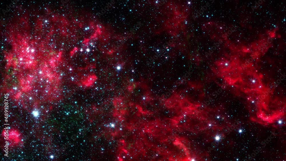 Abstract loop space flight fly to mysterious glow red nebula cloud wiht ...