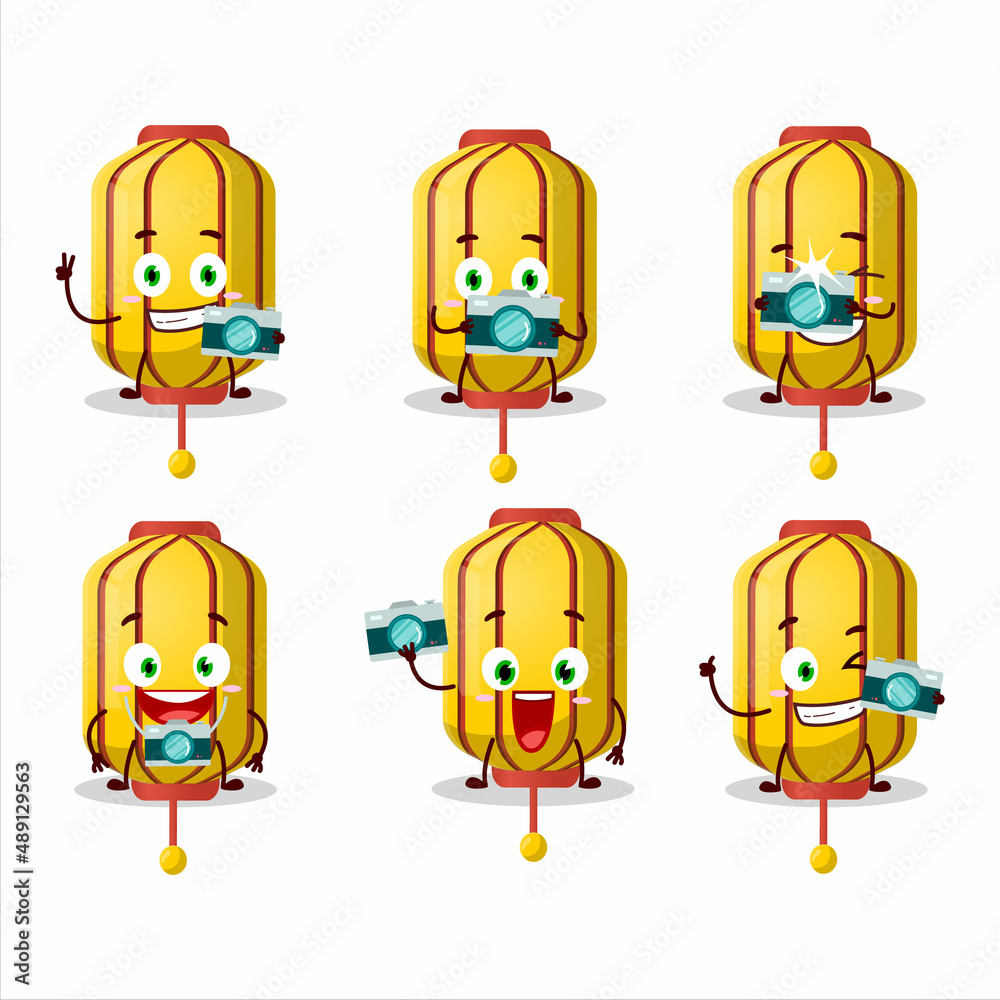 Photographer profession emoticon with yellow chinese long lamp cartoon character