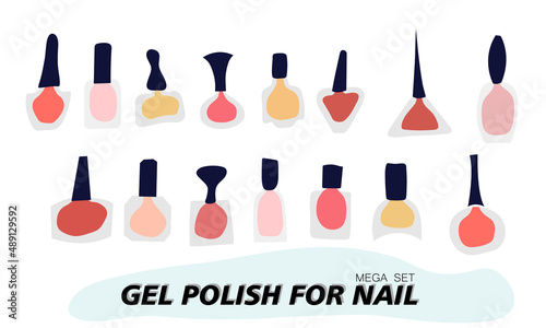 A set of jars with gel nail polish. Transparent jar, colored varnish is visible through the glass. Objects and materials for a beauty and fashion salon. Vector illustration.