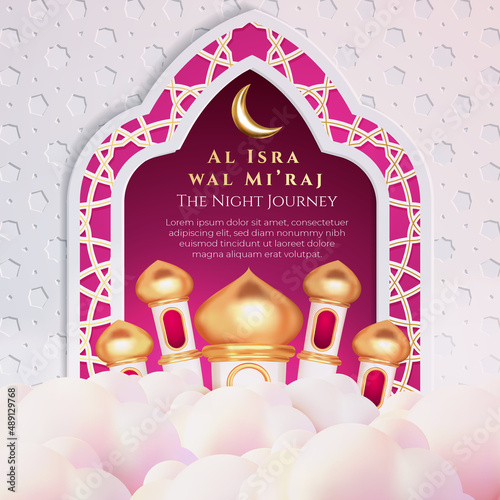 3d isra wal miraj the night journey. White and purple luxury islamic background with decorative ornament frame