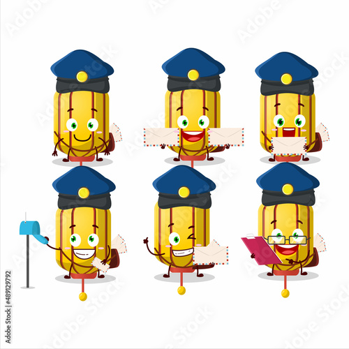 A picture of cheerful yellow chinese long lamp postman cartoon design concept
