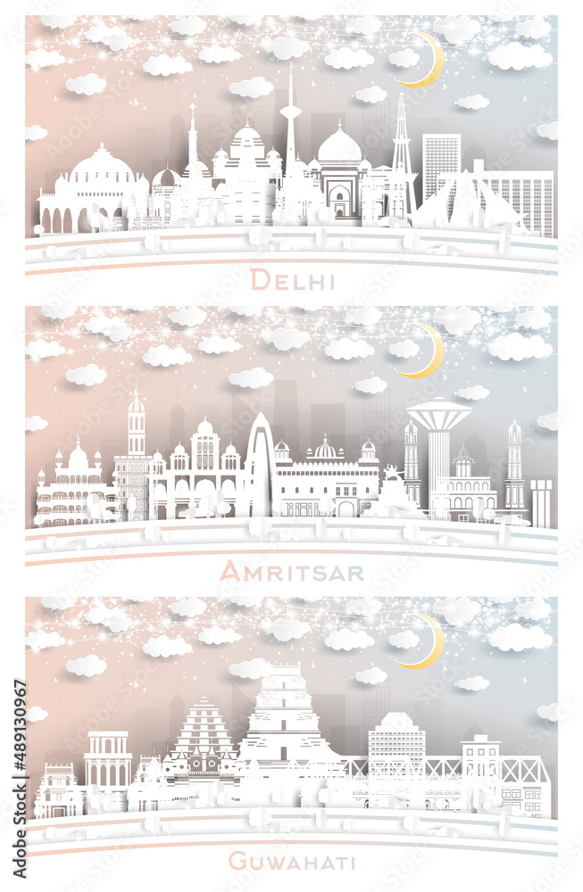 Amritsar, Guwahati and Delhi India City Skyline Set in Paper Cut Style.