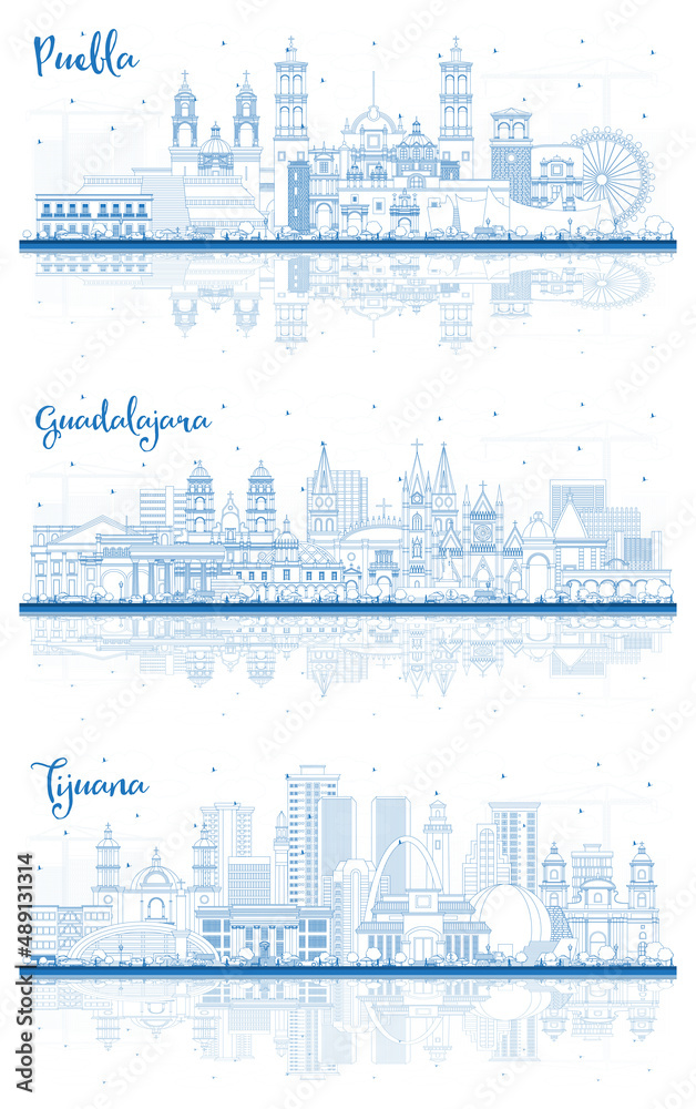Outline Guadalajara, Tijuana and Puebla Mexico City Skyline Set.