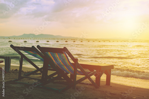 Beach chair sunset sea sky beautiful relax view in summer season quiet and calm