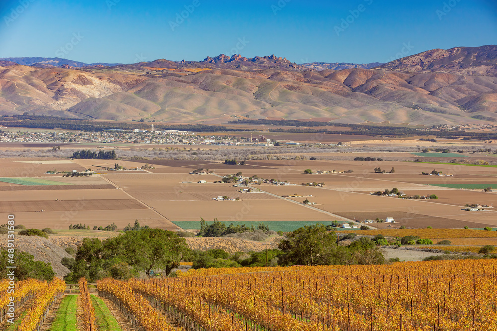 Sunny view of the Pinnacles National Park and vineyard landscape of Salinas Valley