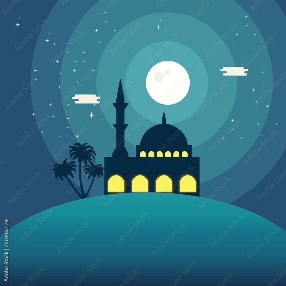 Naklejka premium Night Mosque Arabic Desert Muslim Eid Mubarak Islamic Culture Illustration