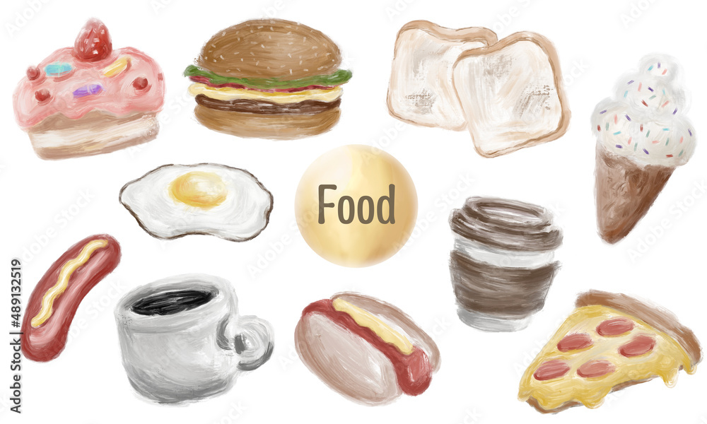 Set of American traditional food includes cake burger ice cream hotdog pizza coffee grilled bread sausage and fried egg sunny side up painting in oil brush stroke style isolated on white background