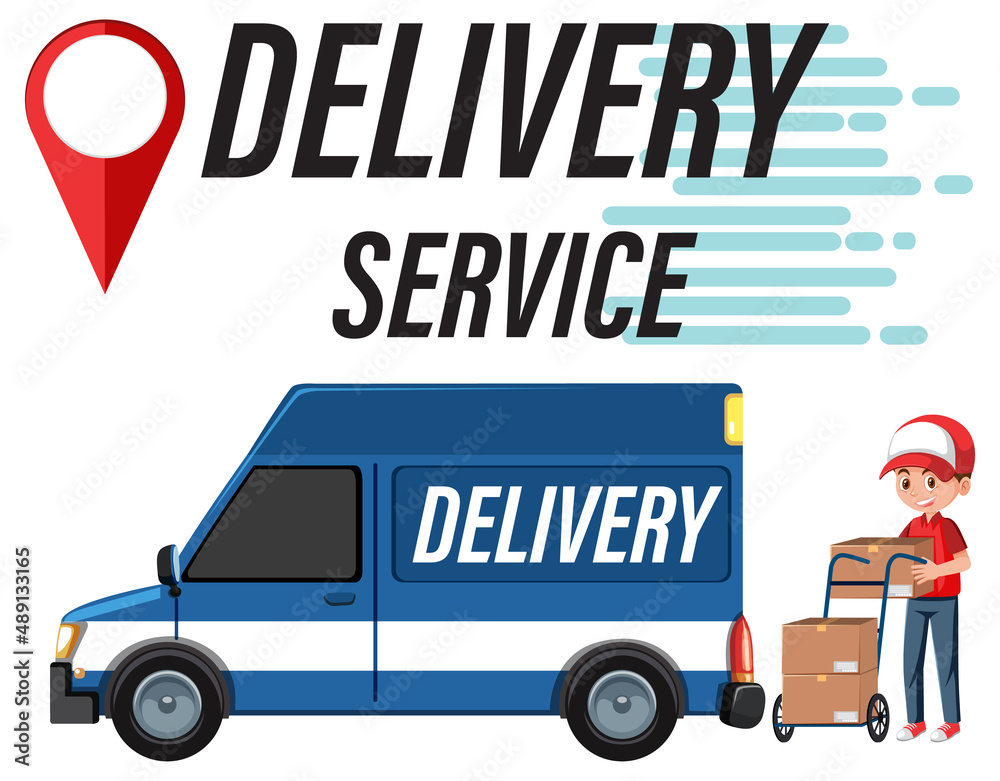Delivery Sevice logo with panel van and courier character Delivery Sevice logo with panel van and courier character