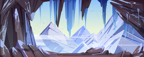 Ice cave with snow and stalactites, mountain cavern cartoon background with rocks under blue clear sky. Fantasy nature landscape, frozen grot view from inside, scene for game, Vector illustration