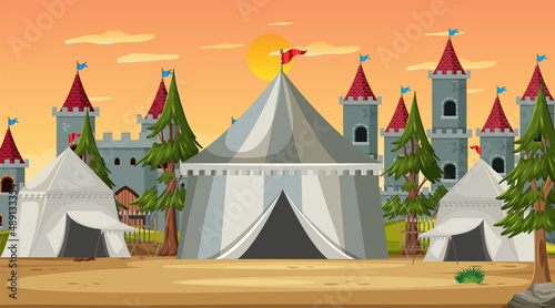 Medieval town scene camp with tents and castle