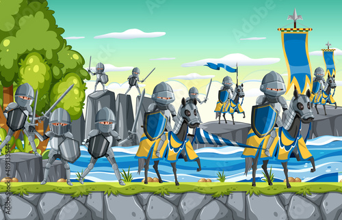 Outdoor scene with medieval knights with horses marching
