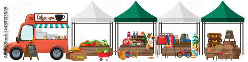 Shops at flea market on white background