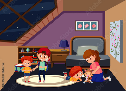 Attic room scene with a woman and her children
