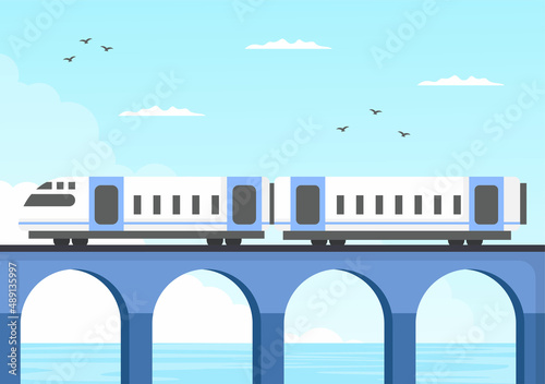 View of Train on Mountain or Sea in Flat Poster Illustration Background