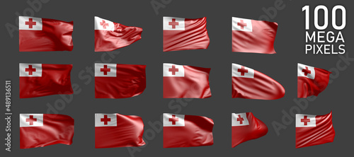 a lot of different realistic renders of Tonga flag isolated on grey background - 3D illustration of object