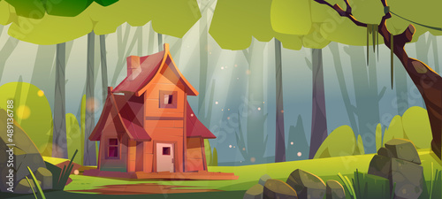 Wooden house in summer forest. Old shack, uninhabited forester or witch hut in deep wood with falling sun beams among green trees and rocks around, pc game background, Cartoon vector illustration