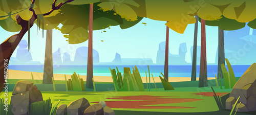 Cartoon nature landscape with forest and sea. Scenery summer background with ocean view through deciduous trees, rocks, grass and sunlight falling on on ground, wood natural scene, Vector illustration