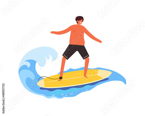 A tanned guy in shorts. Surfer on the wave. Ocean. The surfboard is yellow. Vector illustration.