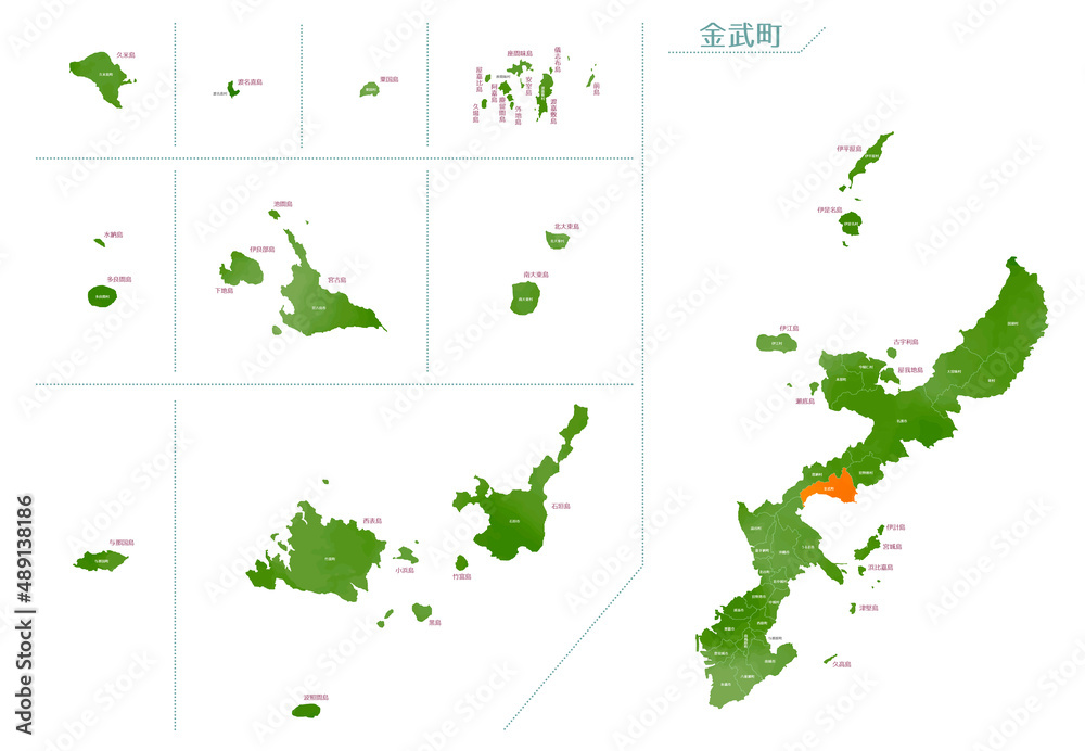Obraz premium 水彩風の地図 沖縄県 金武町