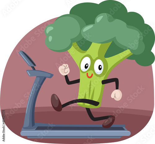 Happy Broccoli Mascot Running on a Treadmill Vector Cartoon