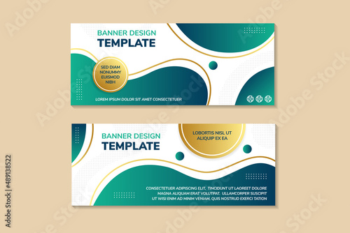 Liquid abstract banner design. Fluid Vector shaped background. Modern Graphic Template Banner with dot circle pattern for social media and web sites. green blue gradient combined with gold on element