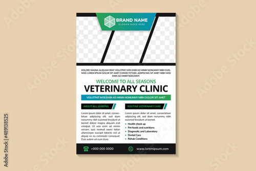 Veterinary Clinic and Pet Doctor vertical flyer. Healthy Smile poster template Pet Care Service Helps Dogs. Modern Animal Clinic. vector illustration. diagonal shape for photo collage. 