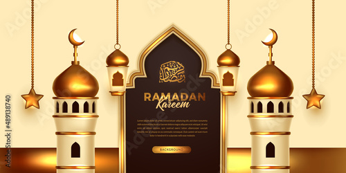 ramadan mubarak kareem banner with 3d golden dome mosque with hanging lantern and star with arabic calligraphy ( text translation = blessed ramadan )