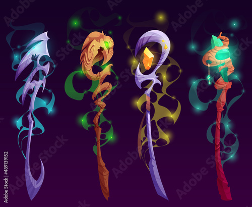 Set of magic staff, wands or walk sticks with glow gems, crystals, birds head and mystical haze. Magician weapon rods for sorcerers spell or battle, rpg fantasy game assets Cartoon vector illustration