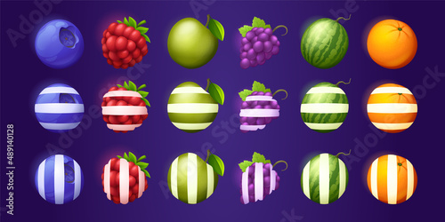Fruit game icons, bonus for casino slot machine, gambling, lottery or mobile puzzle. Blueberry, raspberry, orange, apple, grapes, watermelon ui elements with vertical or horizontal stripes vector set