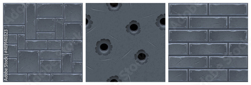 Metal textures, seamless background for game, vector grey colored plaques with rivets and gun holes with rough edges, brick wall or floor tiling in bunker or spaceship, Cartoon illustration, set