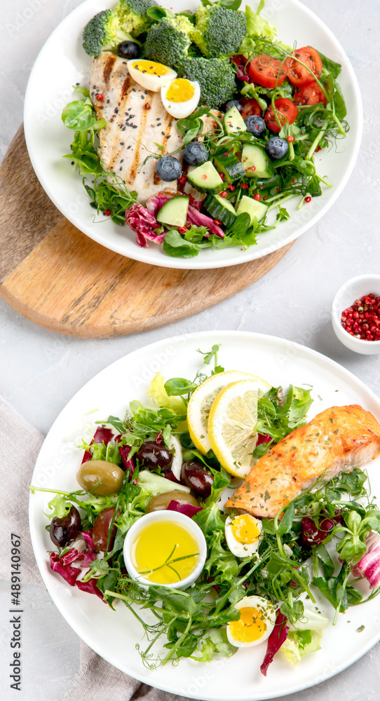 Ketogenic diet meals assortment on light background. Ketogenic diet meals assortment on light background.