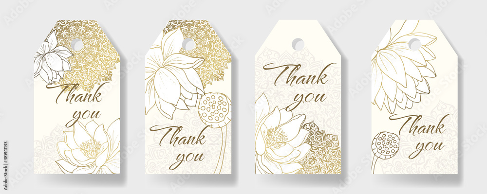 Set of 4 backgrounds with lotus flowers and shaped mandalas for thank you tags, wedding tags, birthday tags, labels, printable.