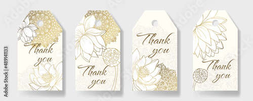 Set of 4 backgrounds with lotus flowers and shaped mandalas for thank you tags, wedding tags, birthday tags, labels, printable.