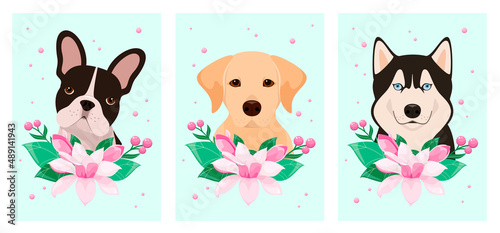 A set of postcards with dogs in magnolia flowers. Cartoon design. Vector illustration.
