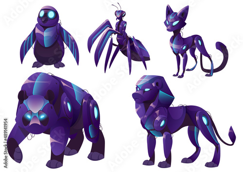 Mechanical animals, panda, lion, penguin, mantis and cat robots. Vector cartoon set of futuristic pets cyborgs, purple mechanic bear, kitten and sea bird isolated on white background