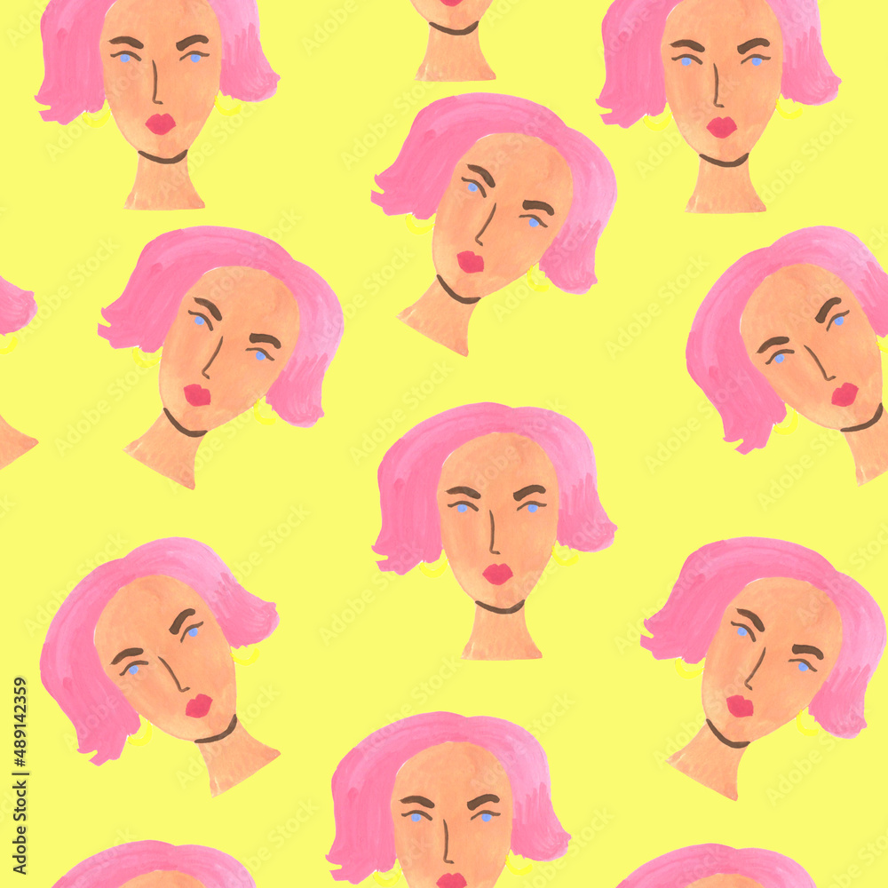 Seamless pattern with young woman faces with pink hair on yellow background Seamless pattern with young woman faces with pink hair on yellow background