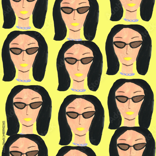 Seamless pattern with young woman faces with sunglasses on yellow background