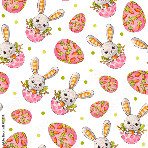 Easter eggs and bunnies. Pattern on a white background. Spring Watercolor illustration.