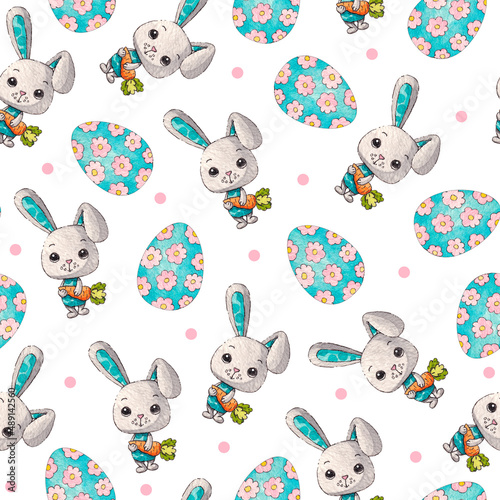 Easter eggs and bunnies. Pattern on a white background. Spring Watercolor illustration.