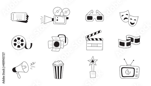Movie, cinema entertainment doodle icon illustration. Doodle hand drawn sketch style movie elements, popcorn, video camera, clapperboard. Vector outline illustration.