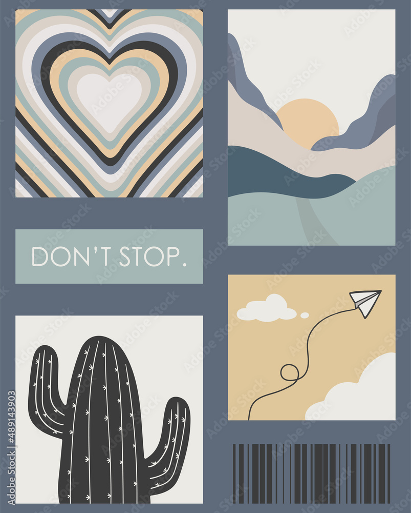 A set of five bright aesthetic posters. Minimalistic posters with positive  phrases for social media, cover design, web. Vintage illustrations with  landscape, patterns, geometric shapes, dots, lines. Stock Vector | Adobe  Stock