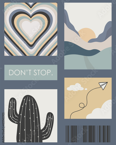 A set of five bright aesthetic posters. Minimalistic posters with positive phrases for social media, cover design, web. Vintage illustrations with landscape, patterns, geometric shapes, dots, lines.