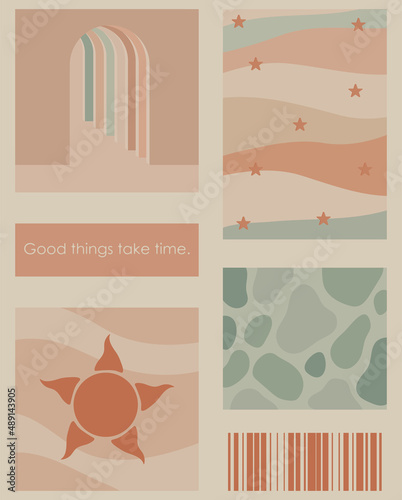 A set of five bright aesthetic posters. Minimalistic posters with positive phrases for social media, cover design, web. Vintage illustrations with landscape, patterns, geometric shapes, dots, lines.
